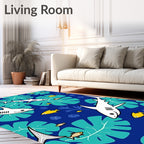 Oceanic White Shark Teal Leaf Arrangement Rug