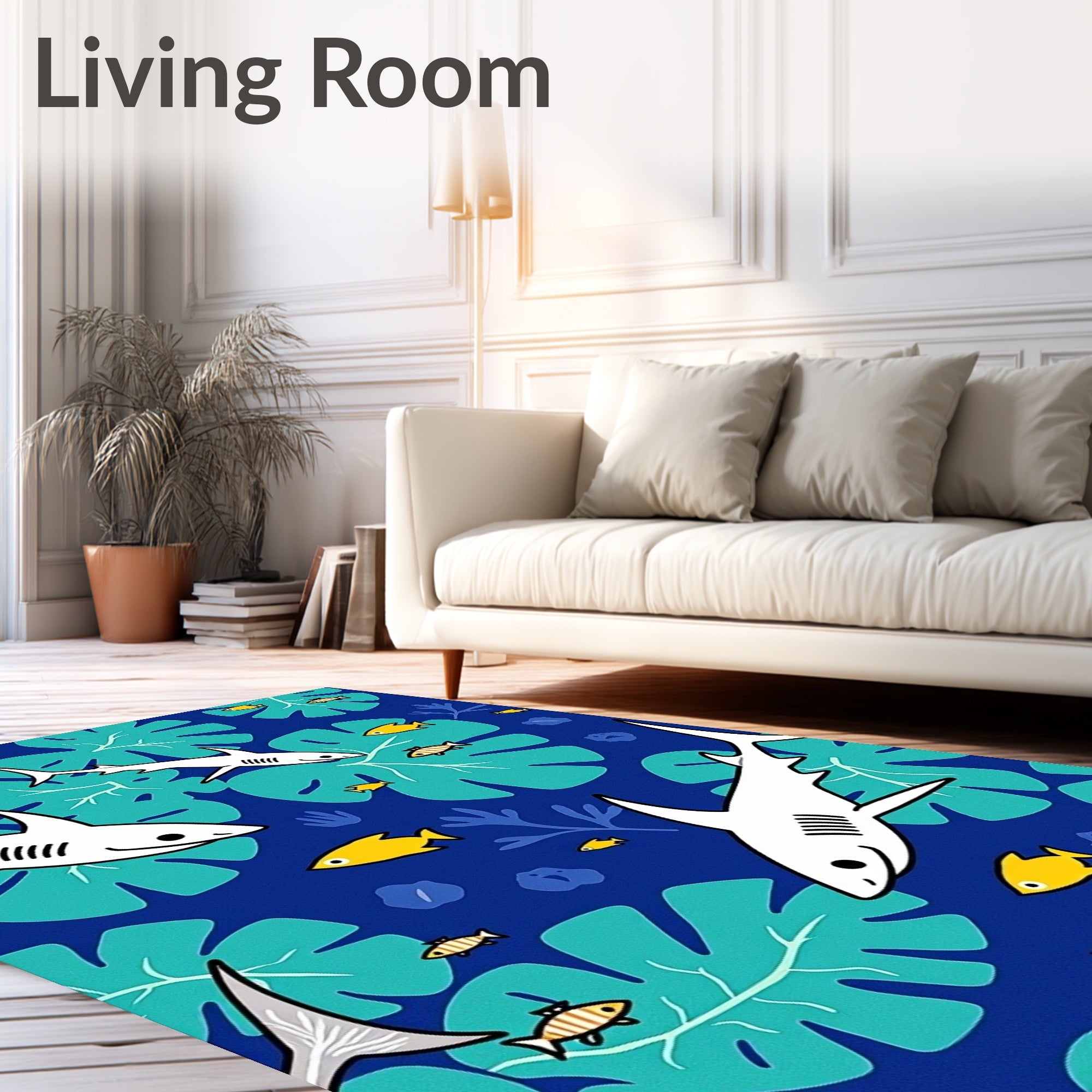Oceanic White Shark Teal Leaf Arrangement Rug