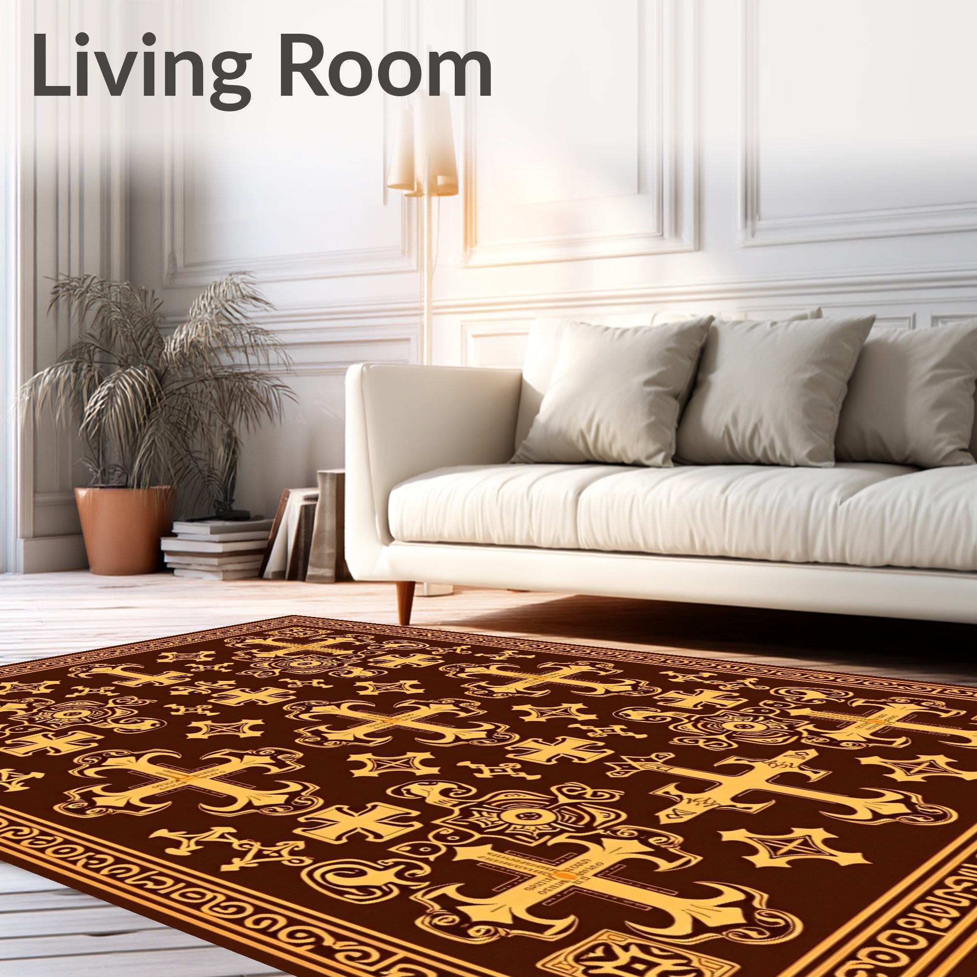 Ornate Gold Crosses Brown Border Rug