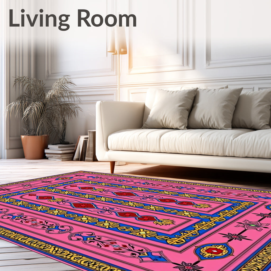 Pink Blue Yellow Floral Medallion Rectangular Rug