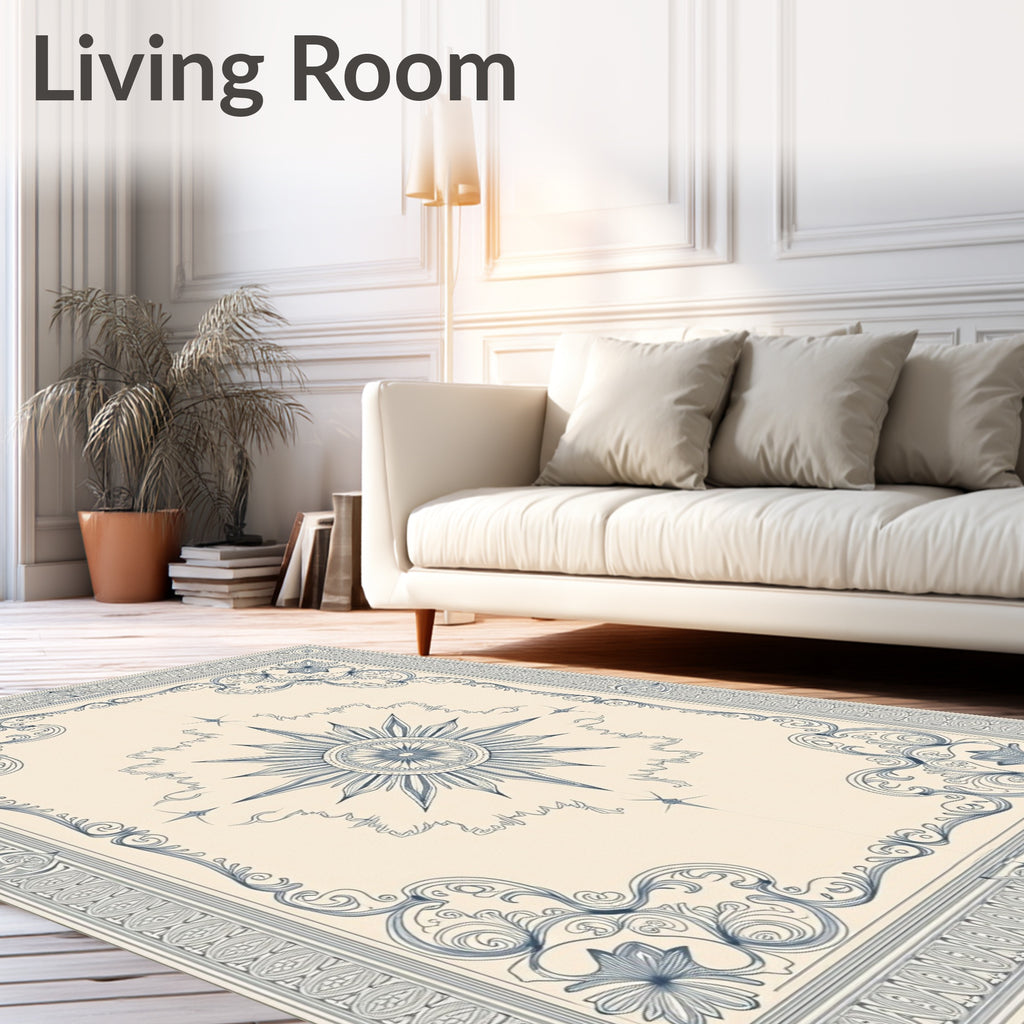 Antique Navy Sunburst Scroll Border Rug