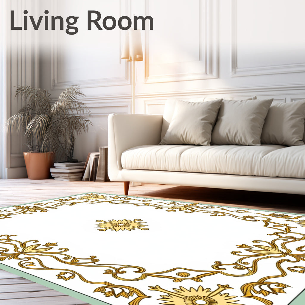 Golden Floral Scrollwork Medallion Border Rug
