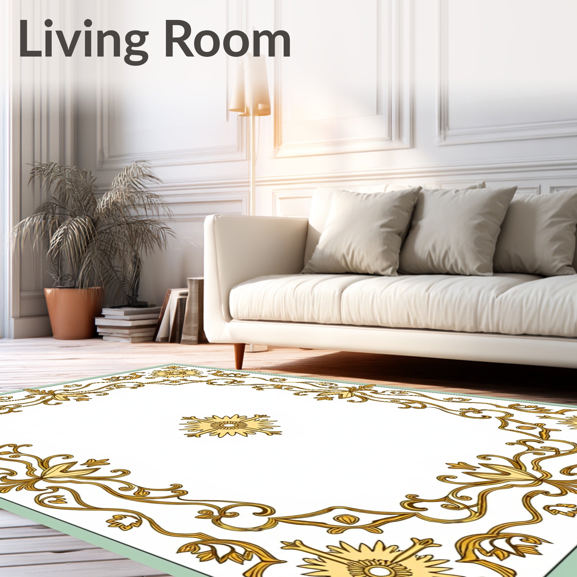 Golden Floral Scrollwork Medallion Border Rug