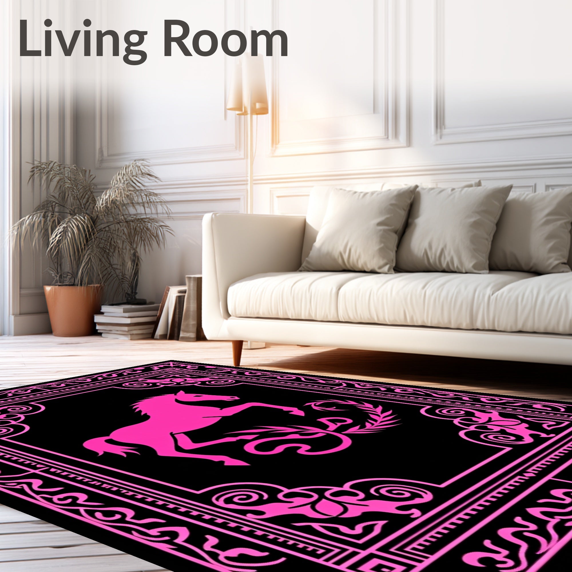 Vibrant Pink Horse Ornate FrameRug Rug