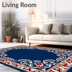 Deep Blue Red Floral Vine Border Rug