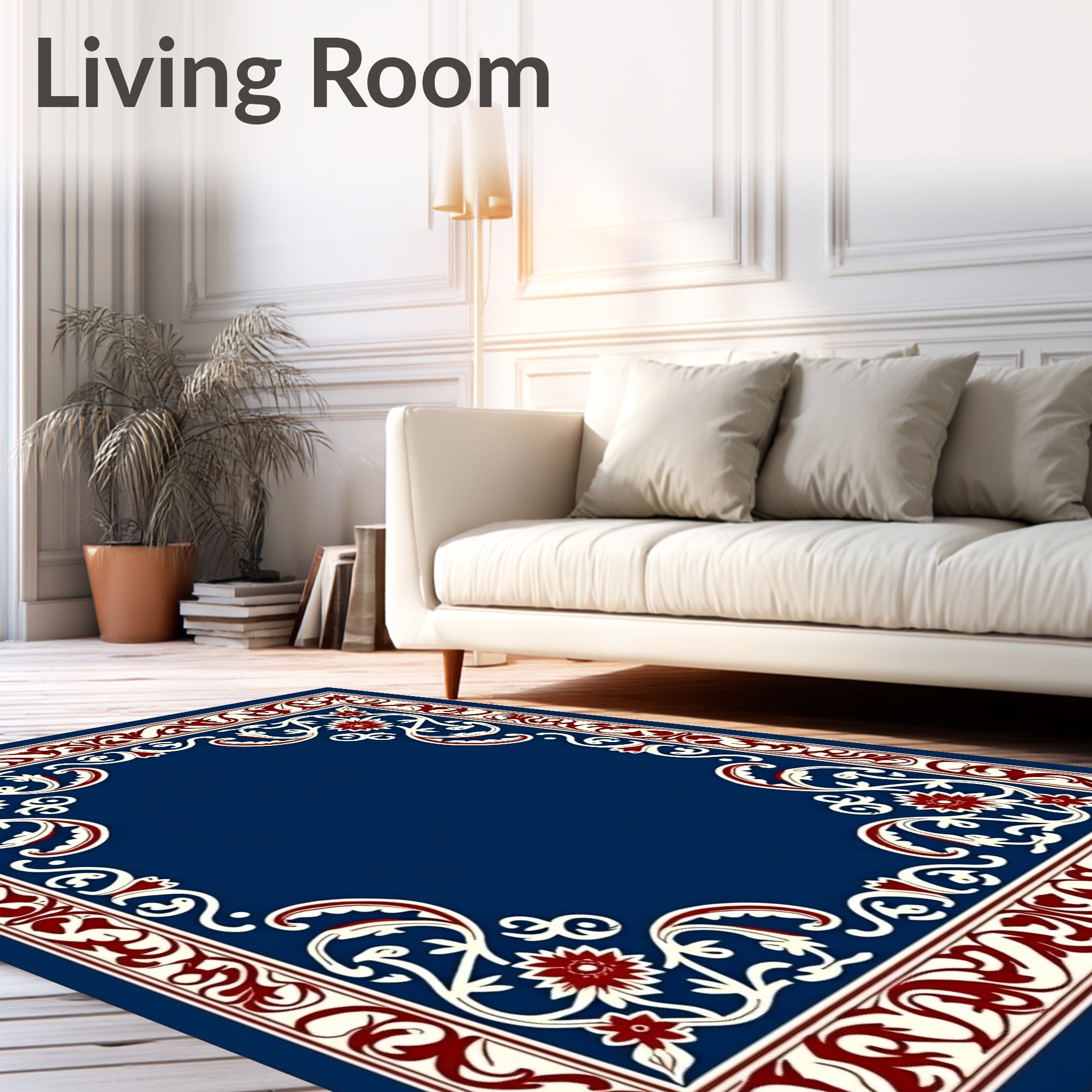 Deep Blue Red Floral Vine Border Rug
