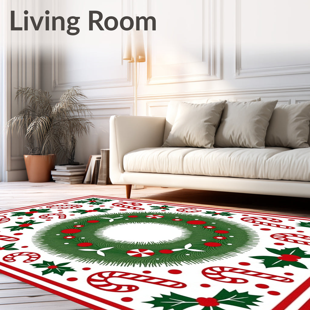 Festive Green Wreath Candy Cane Holly Rug