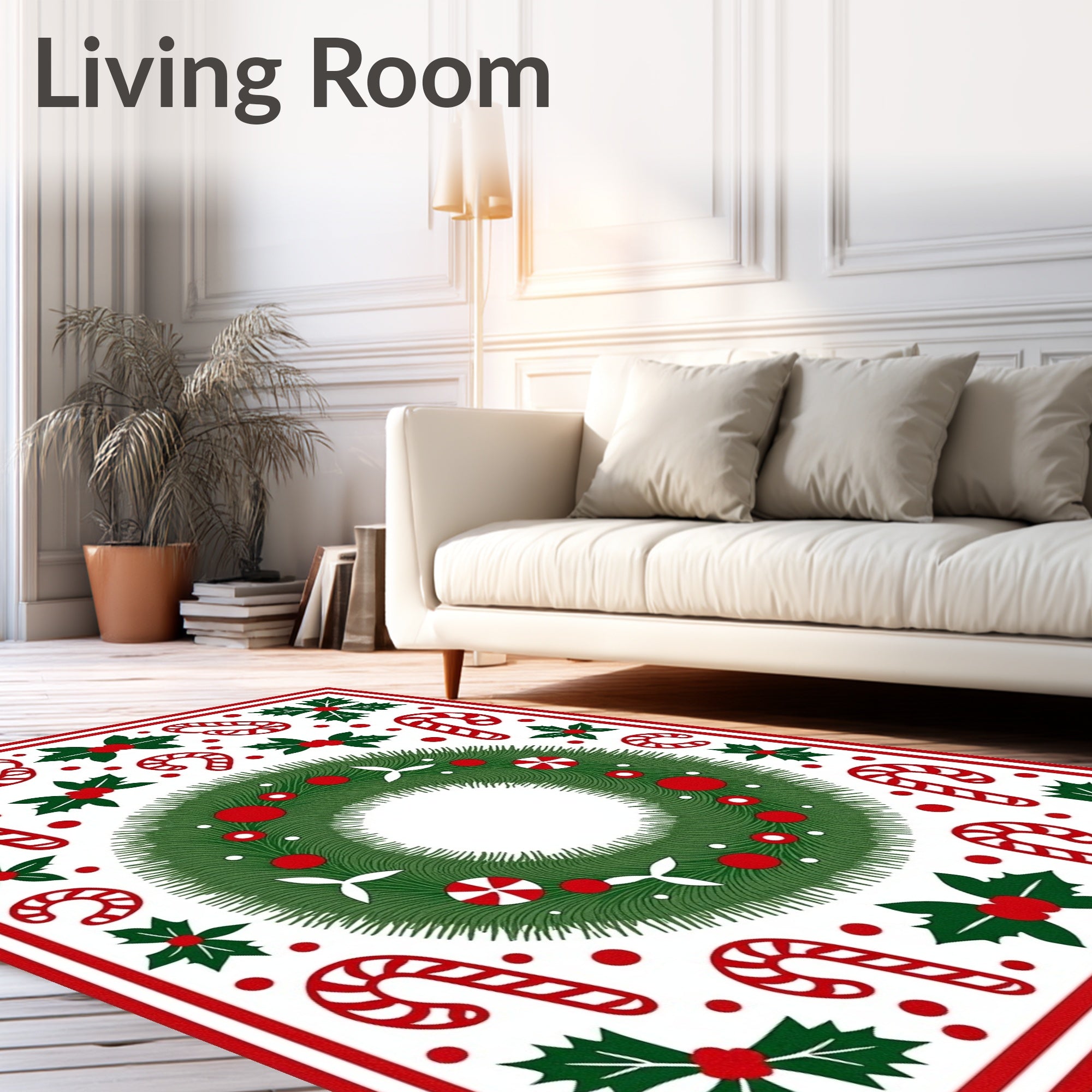 Festive Green Wreath Candy Cane Holly Rug