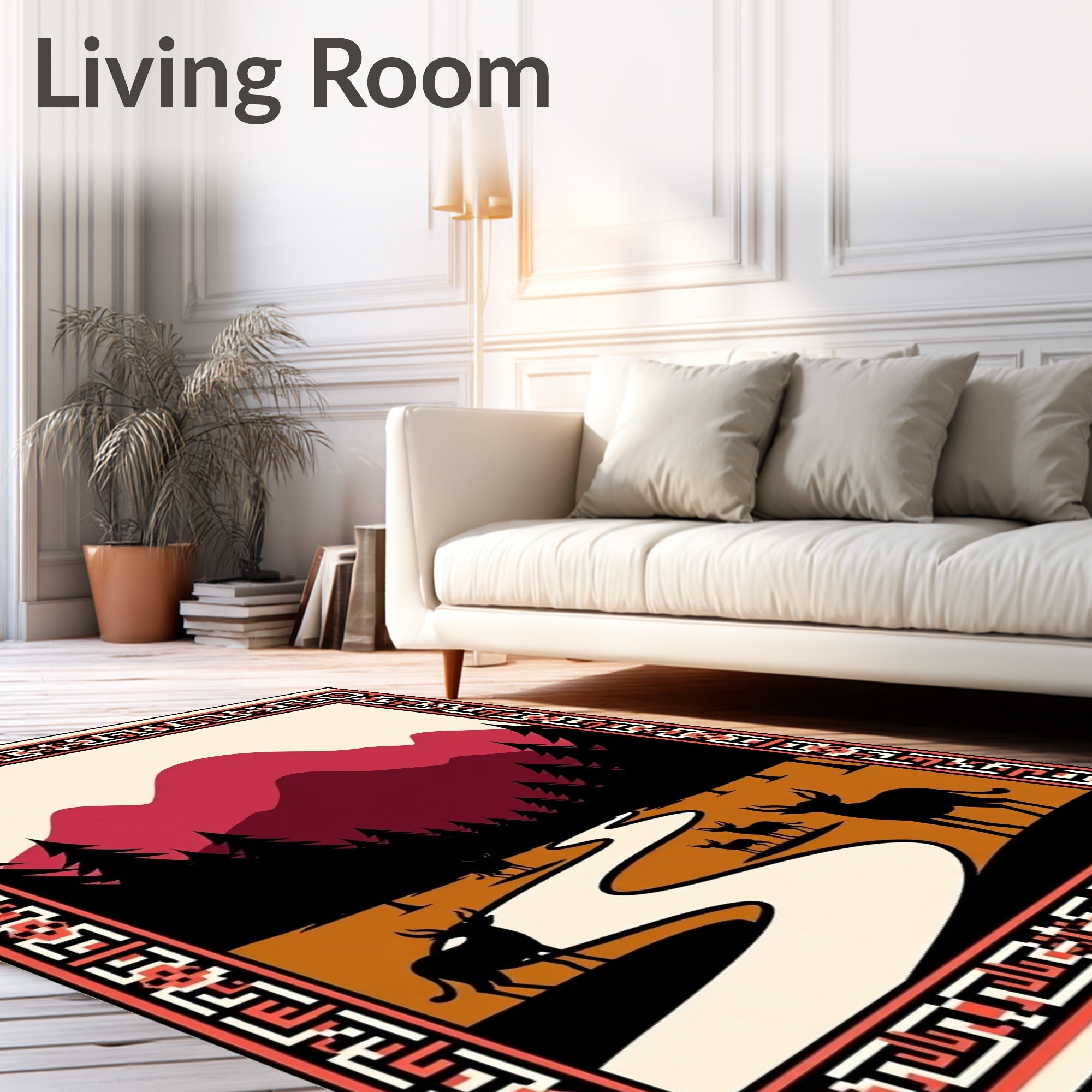 Crimson Mountains With Deer River Scene Rug