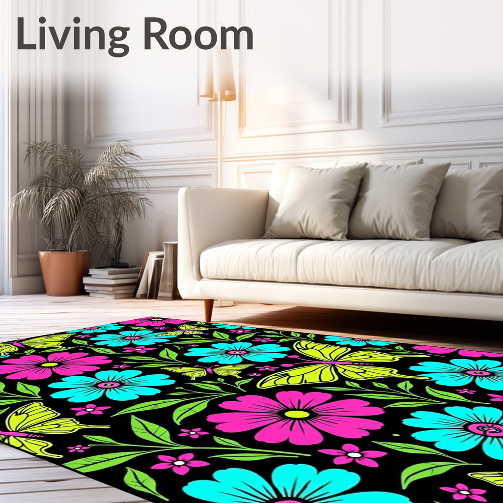 Vibrant Neon Pink Blue Butterfly Garden Rug