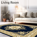 Grand Navy Gold Floral Medallion Traditional Rug