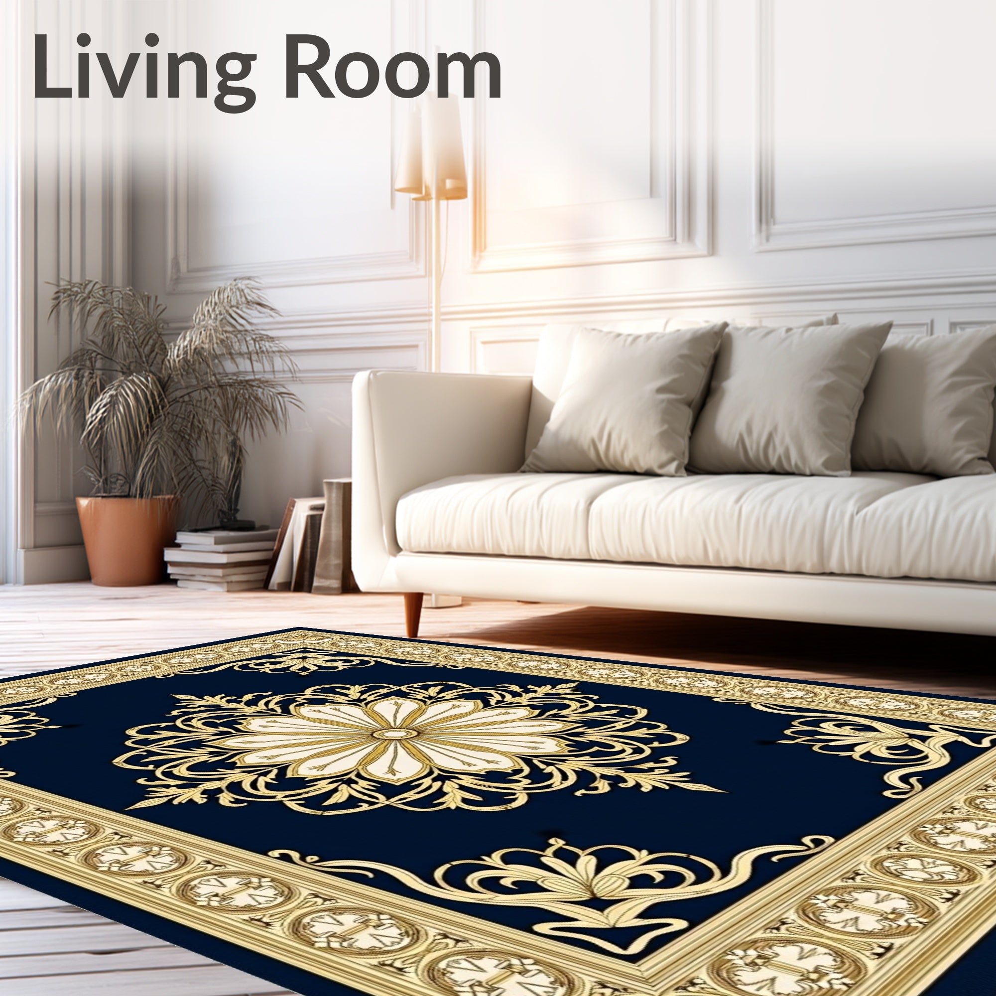 Grand Navy Gold Floral Medallion Traditional Rug