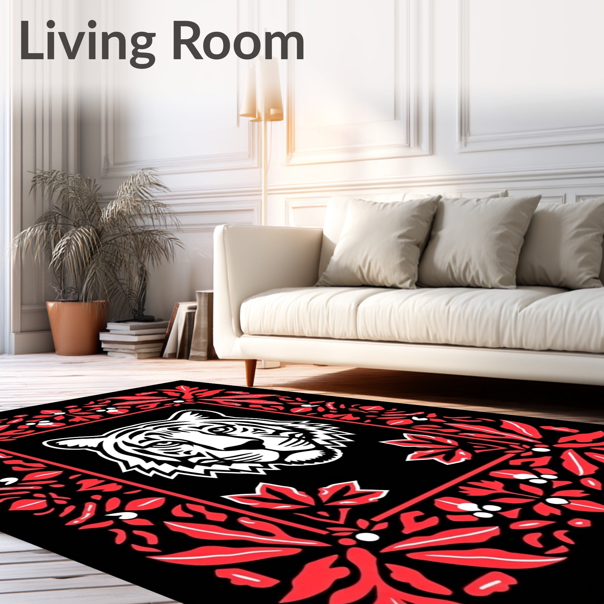 Bold Red Tiger Floral Frame Rug
