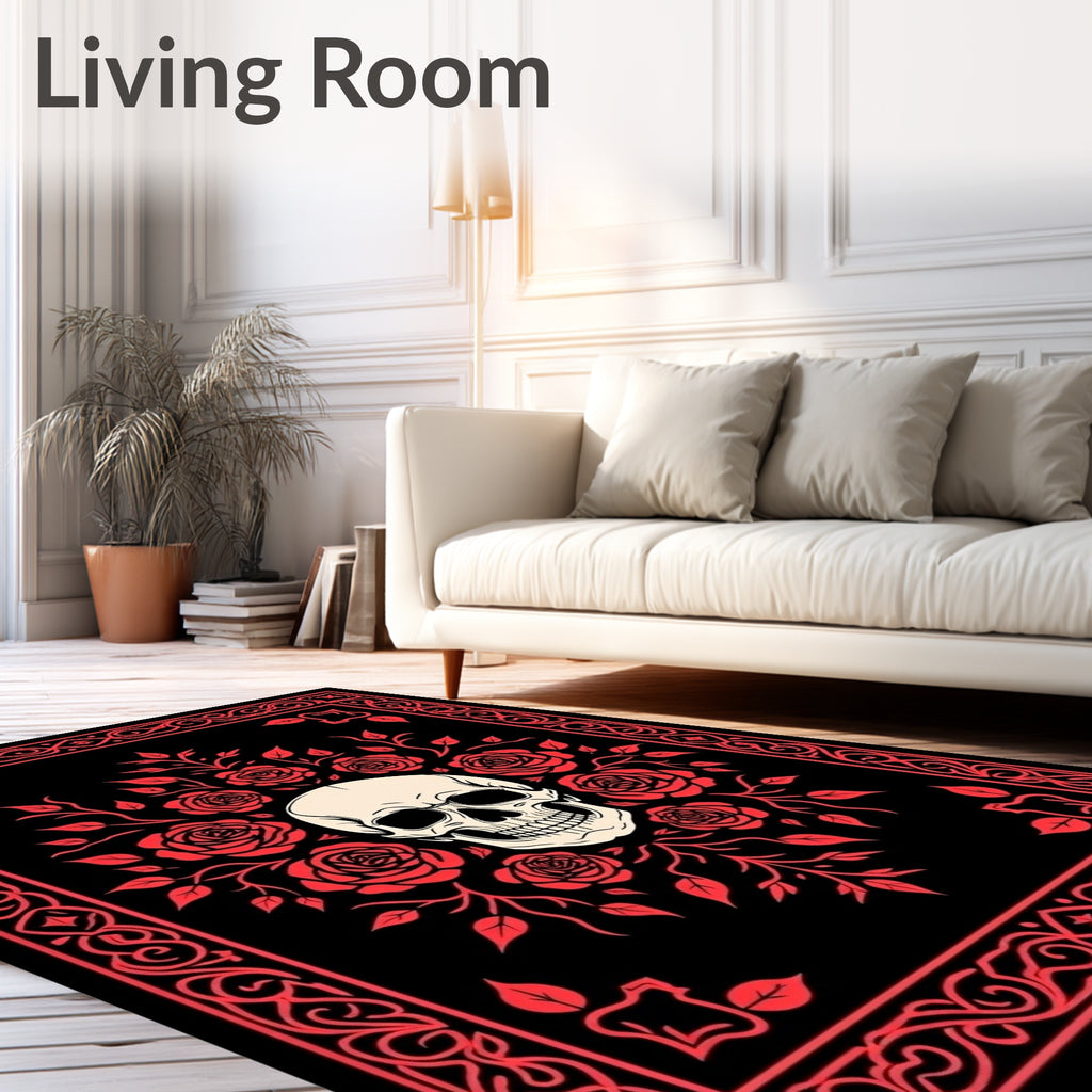 Crimson Skull Rose Border Accent Rug