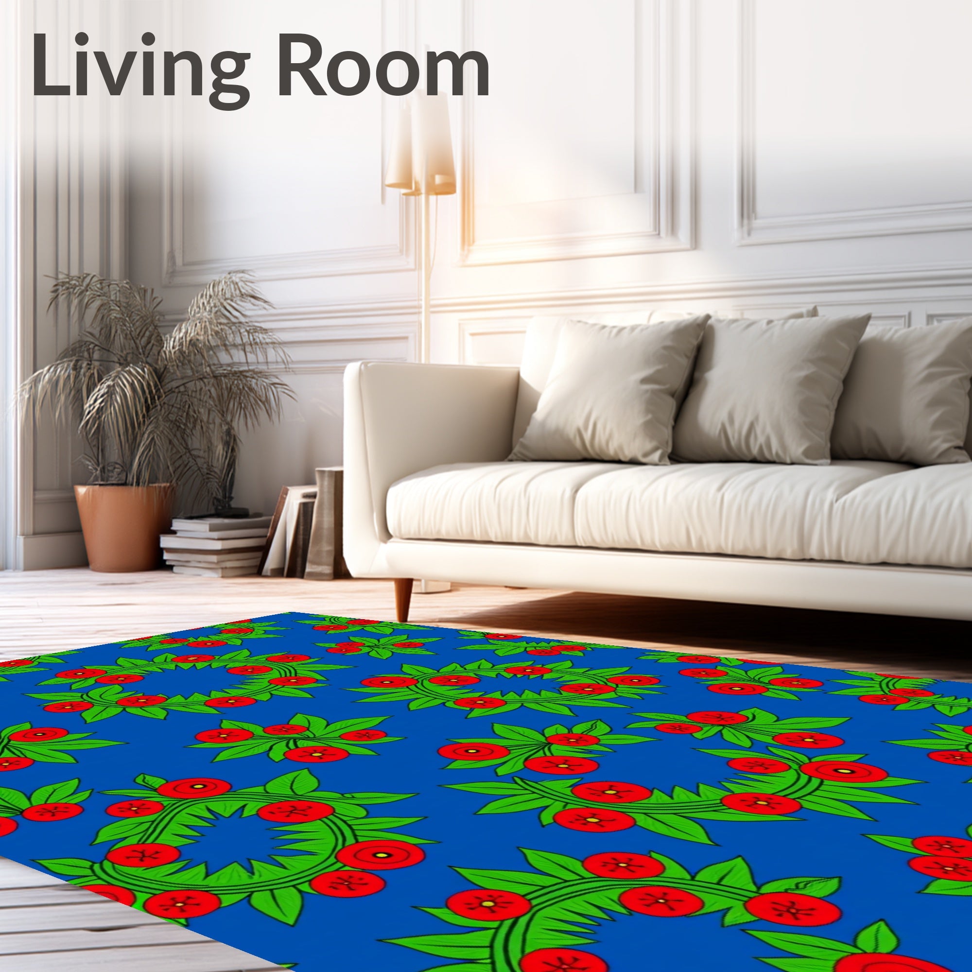Blue Crimson Leaf Floral Wreath Runner Rug