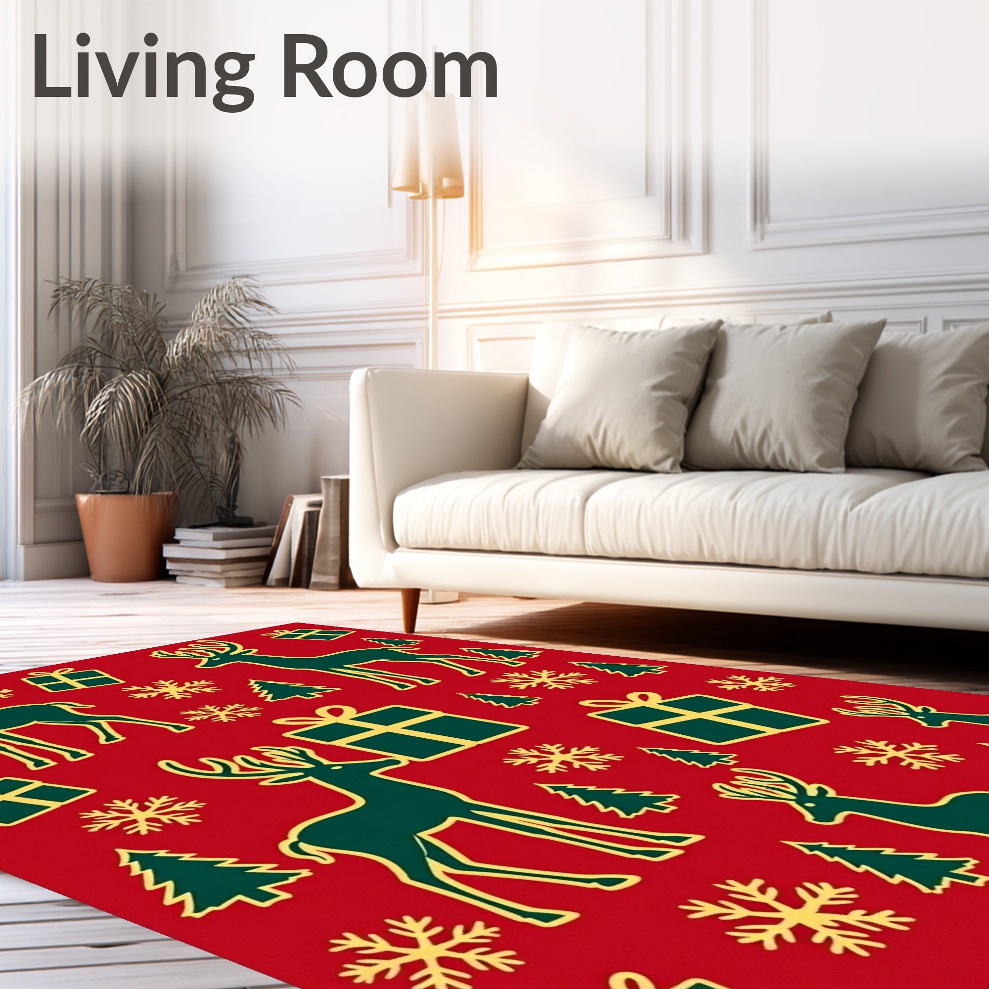 Festive Red Deer Gift Tree Snowflakes Rug