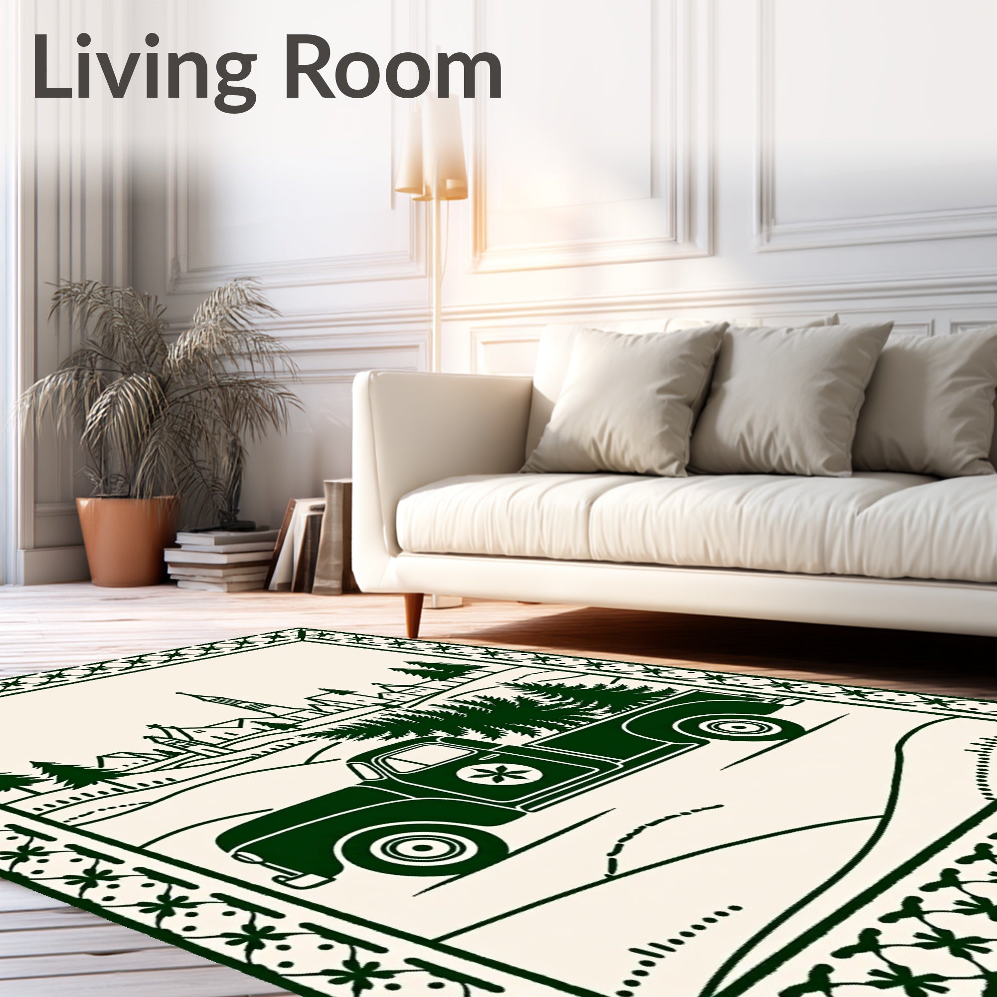 Vintage Green Pickup Truck Village Scene Rug