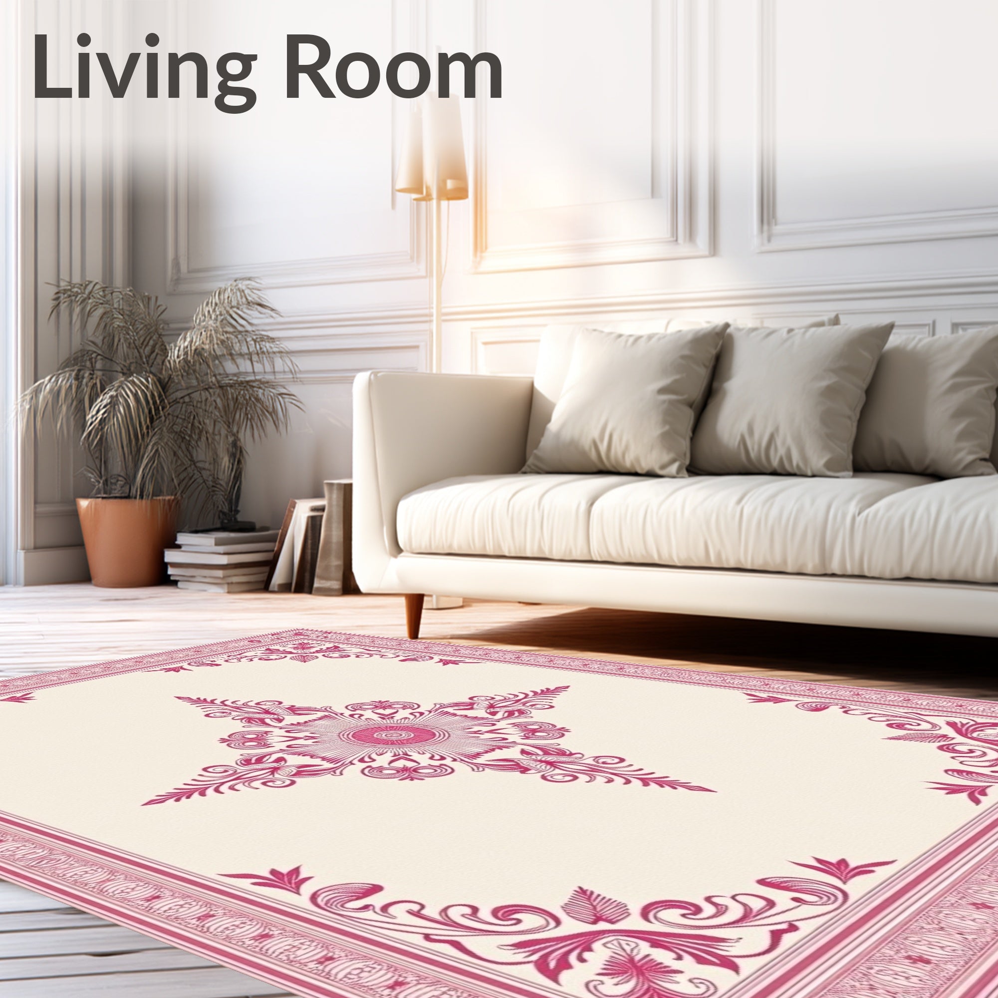 Ornate Pink Floral Medallion Border Rug
