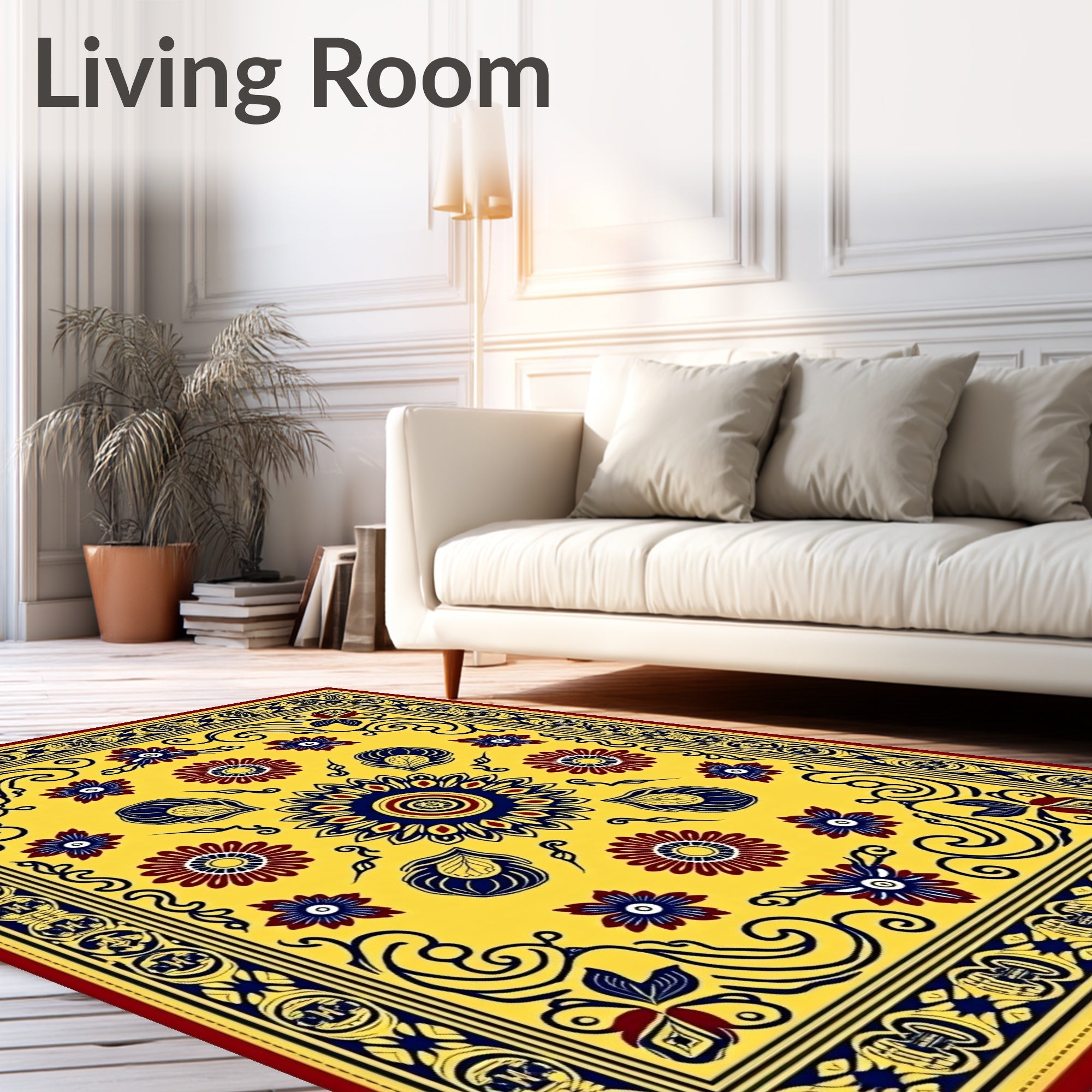 Golden Yellow Red Blue Floral Medallion Rug