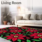 Crimson Red Flowers Green Leaves Black Rug