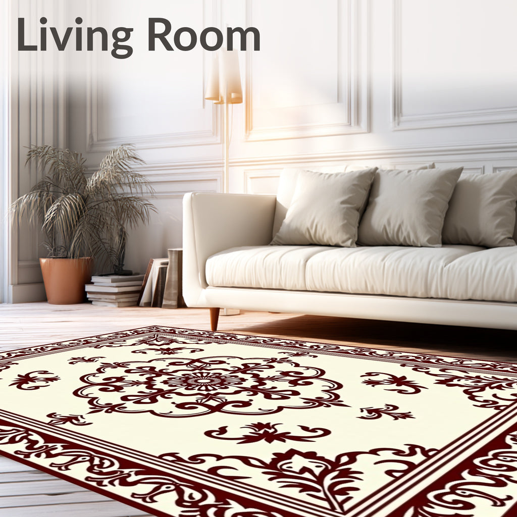 Deep Red Damask Medallion Border Rug