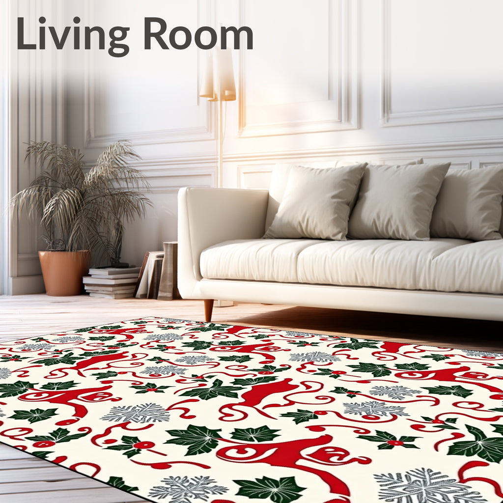 Red Reindeer Holly Snowflakes Swirls Rug