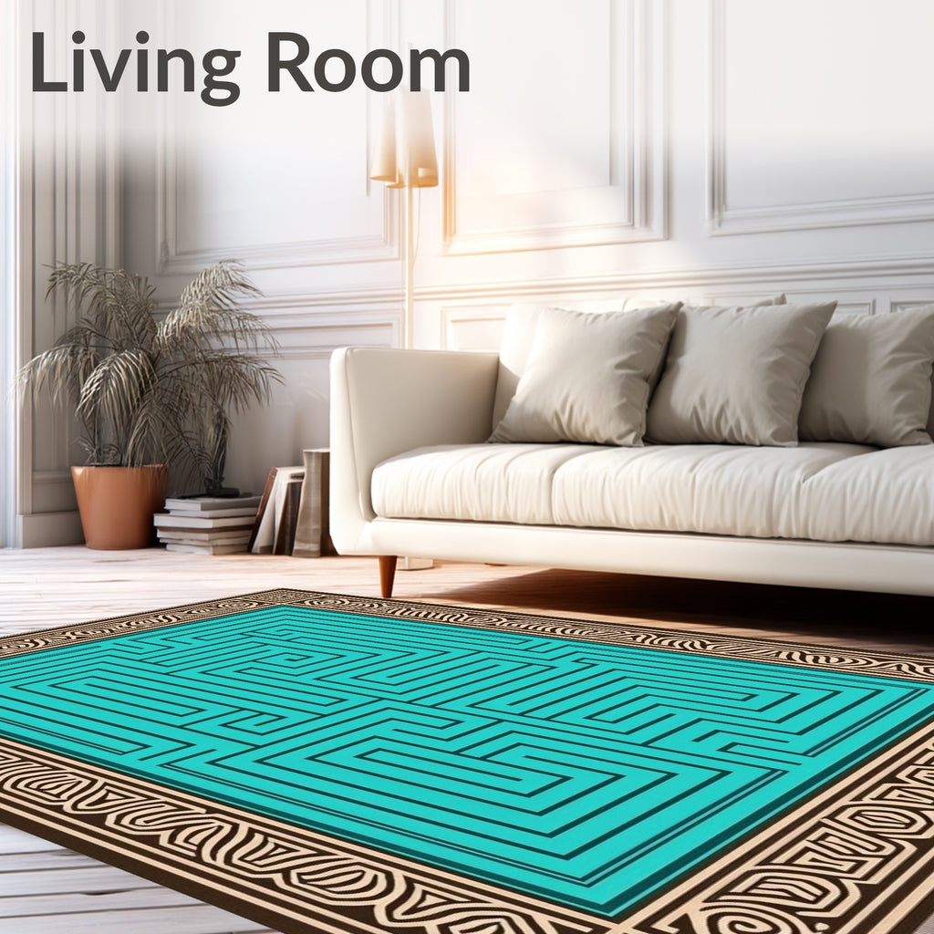 Teal Maze Geometric Border Rug
