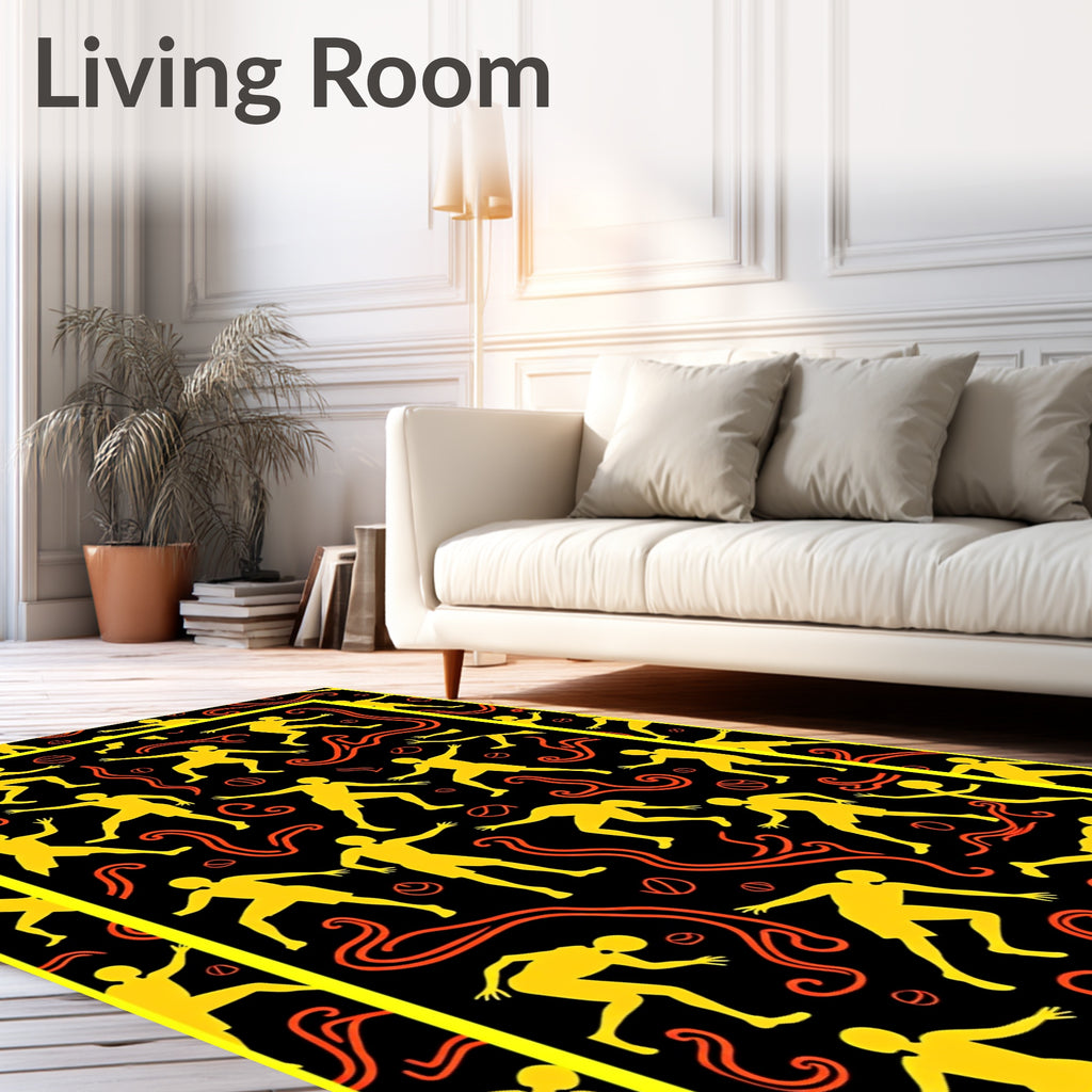 Yellow Athletes Orange Swirls Black Background Rug