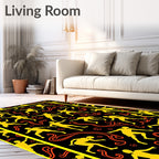 Yellow Athletes Orange Swirls Black Background Rug