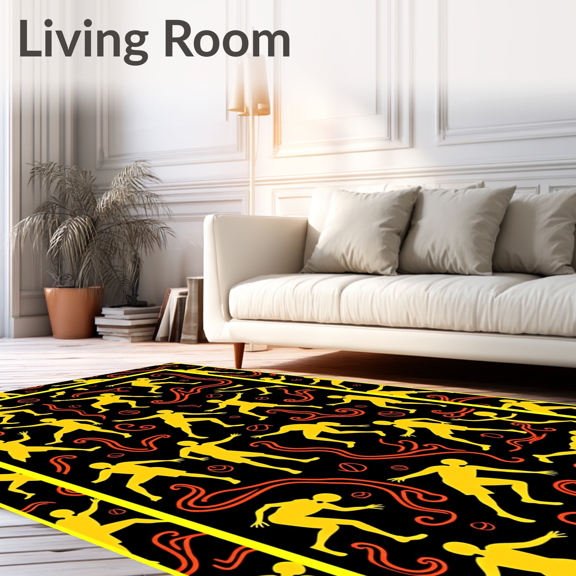 Yellow Athletes Orange Swirls Black Background Rug