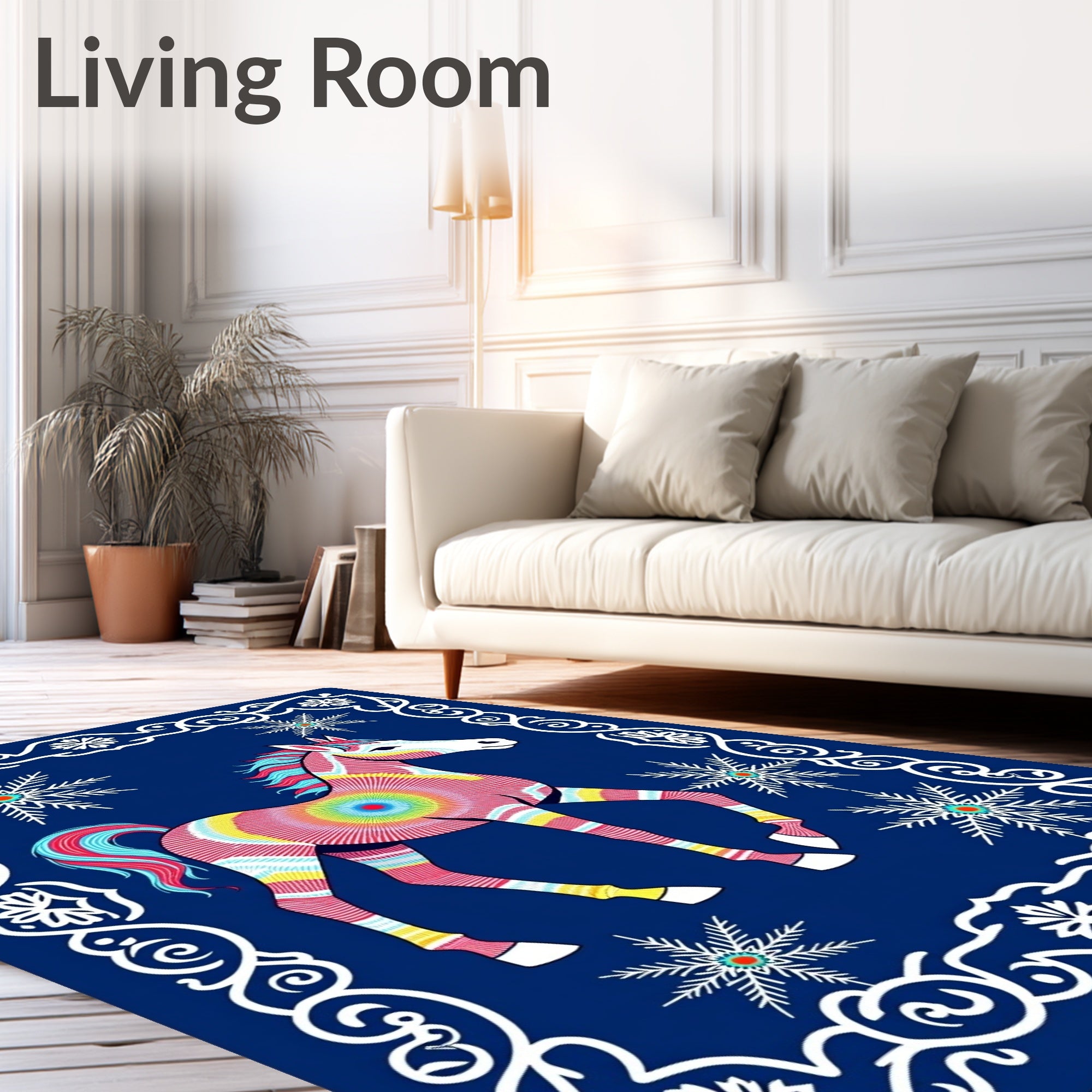 Rainbow Striped Horse Snowflakes Border Rug