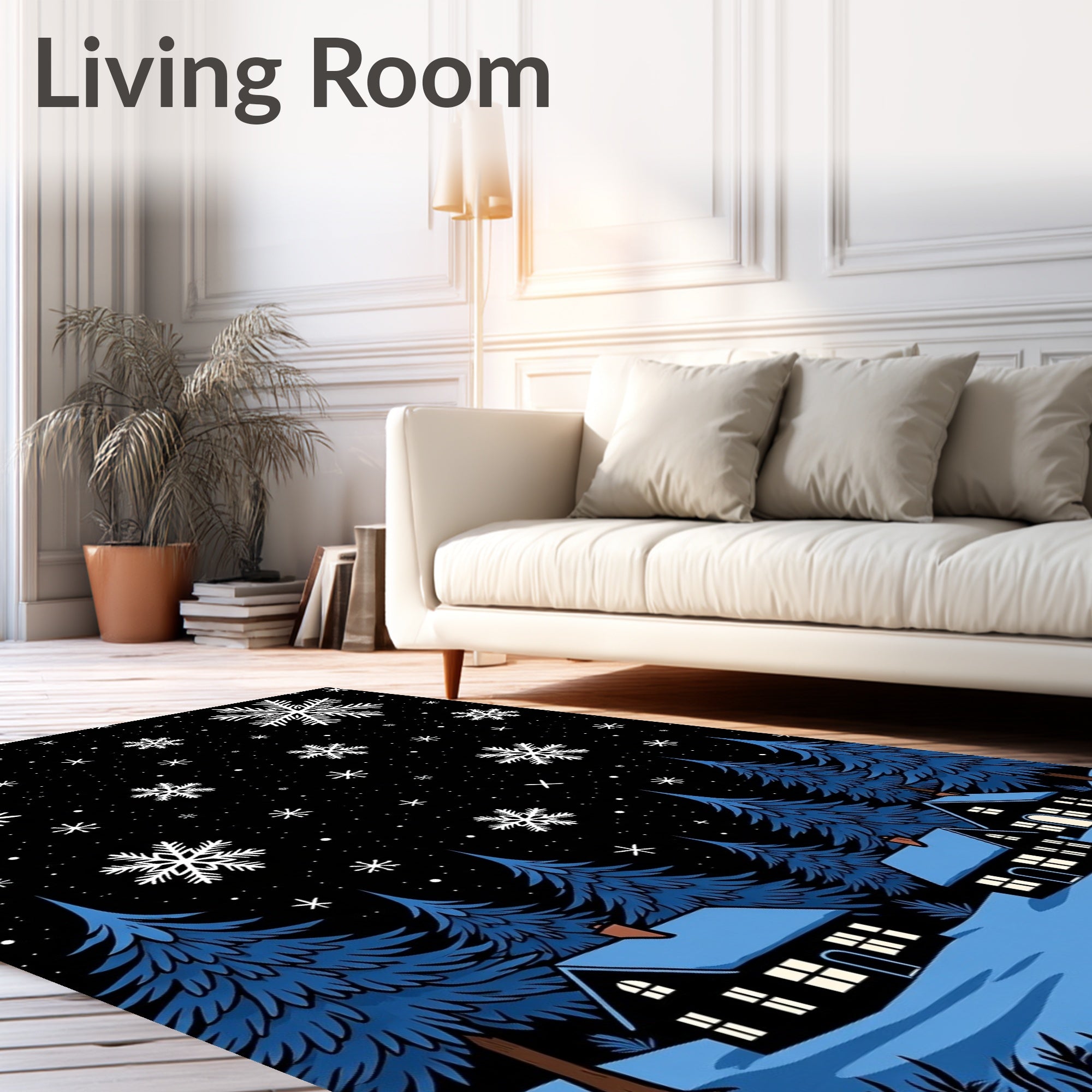 Winter Night Snowfall Village Rug