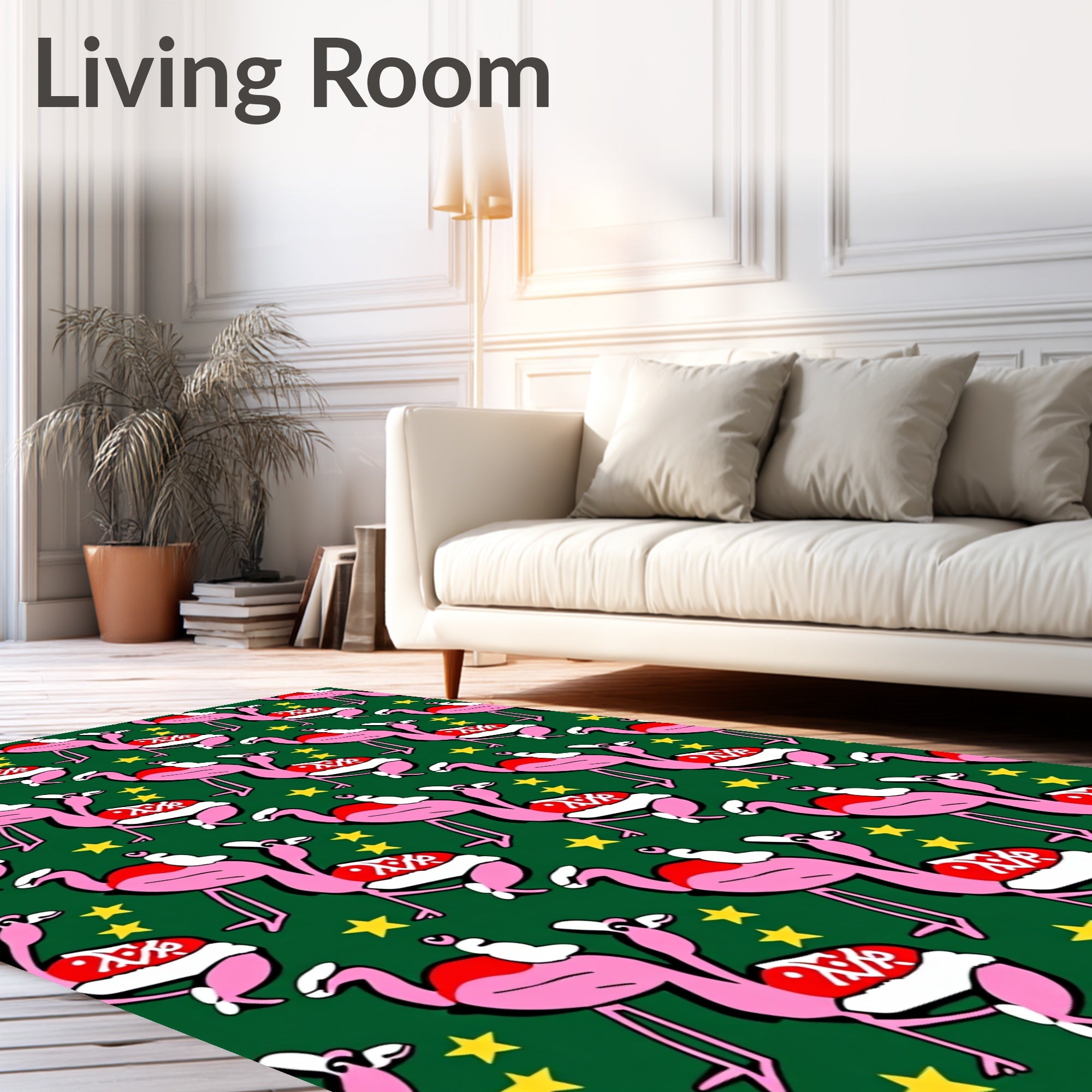 Festive Pink Flamingo Christmas Stars Rug