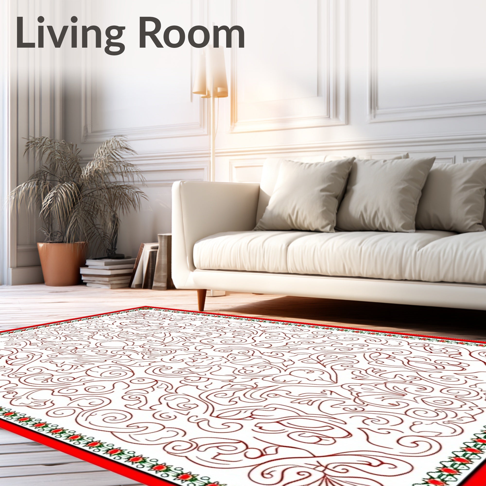 Intricate Red Floral Vines Border Rug