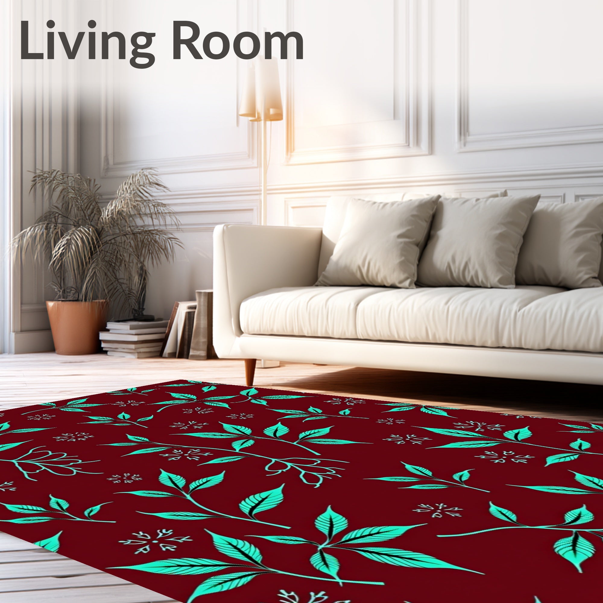 Burgundy Teal Leafy Sprig Floral Rug