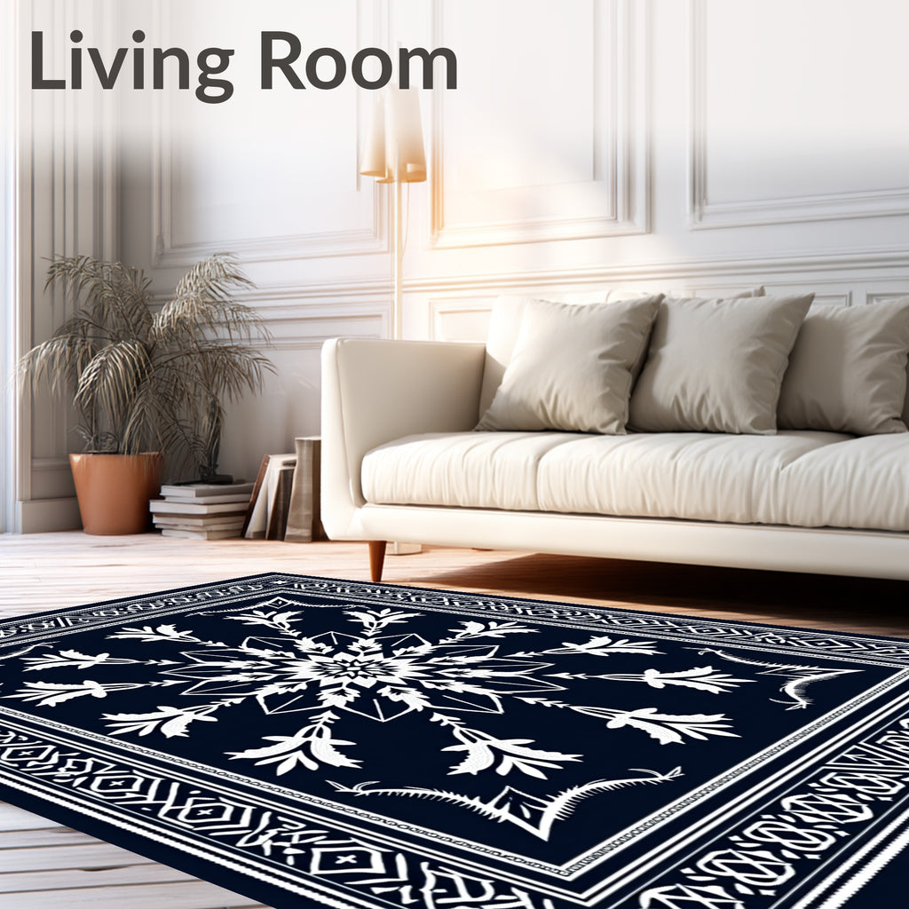 Dark Blue White Floral Medallion Border Rug