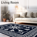 Dark Blue White Floral Medallion Border Rug