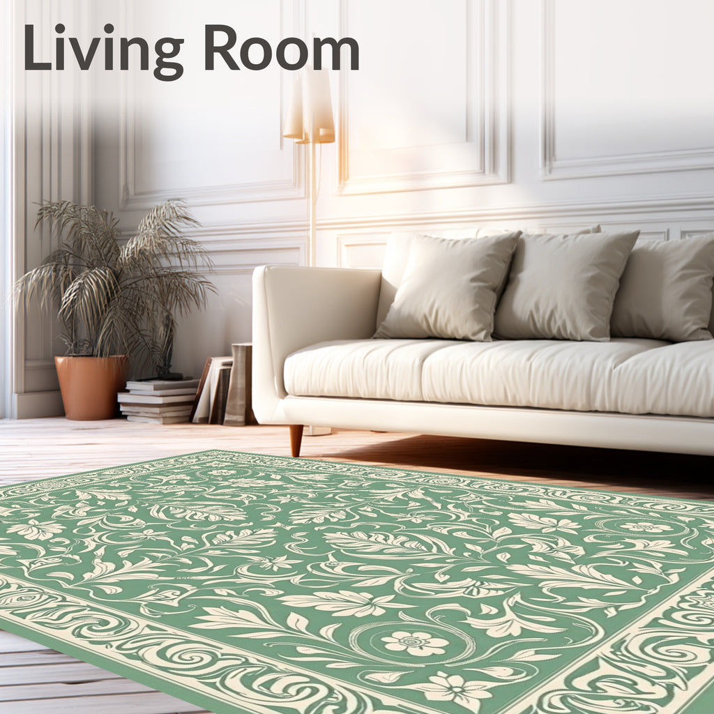 Sage Green Floral Scroll Border Rug