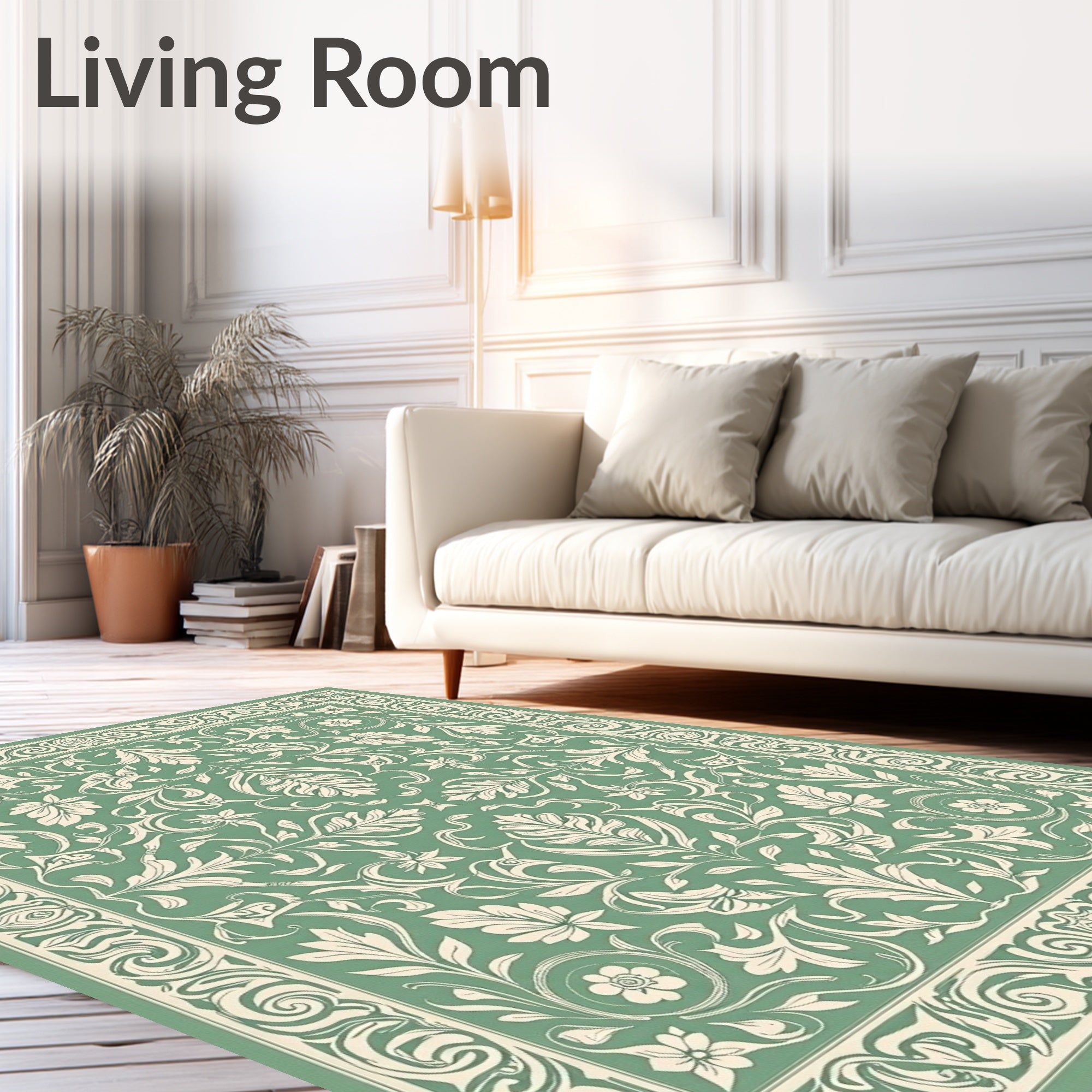 Sage Green Floral Scroll Border Rug