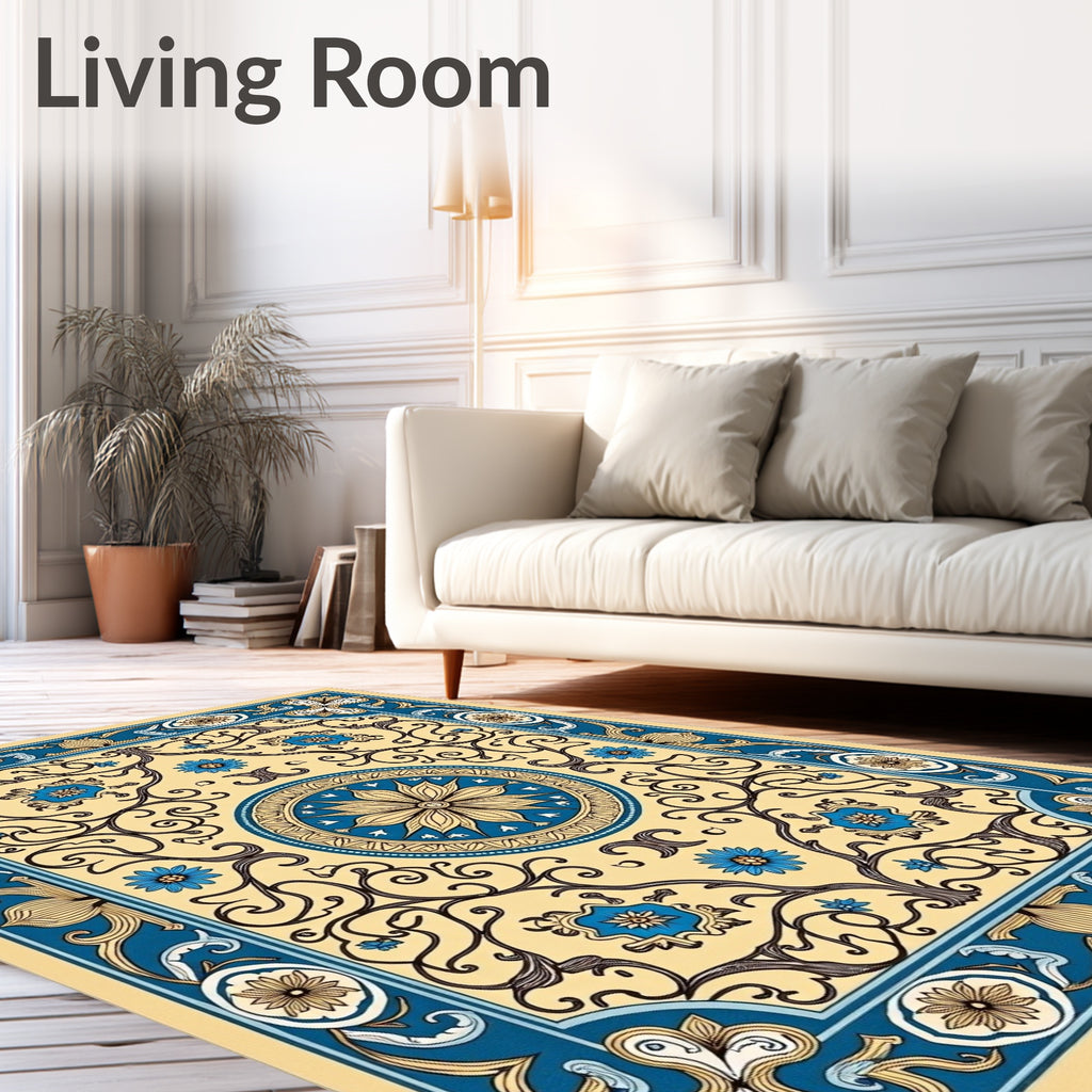 Cream Blue Floral Medallion Scrollwork Rug