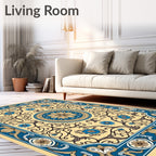 Cream Blue Floral Medallion Scrollwork Rug