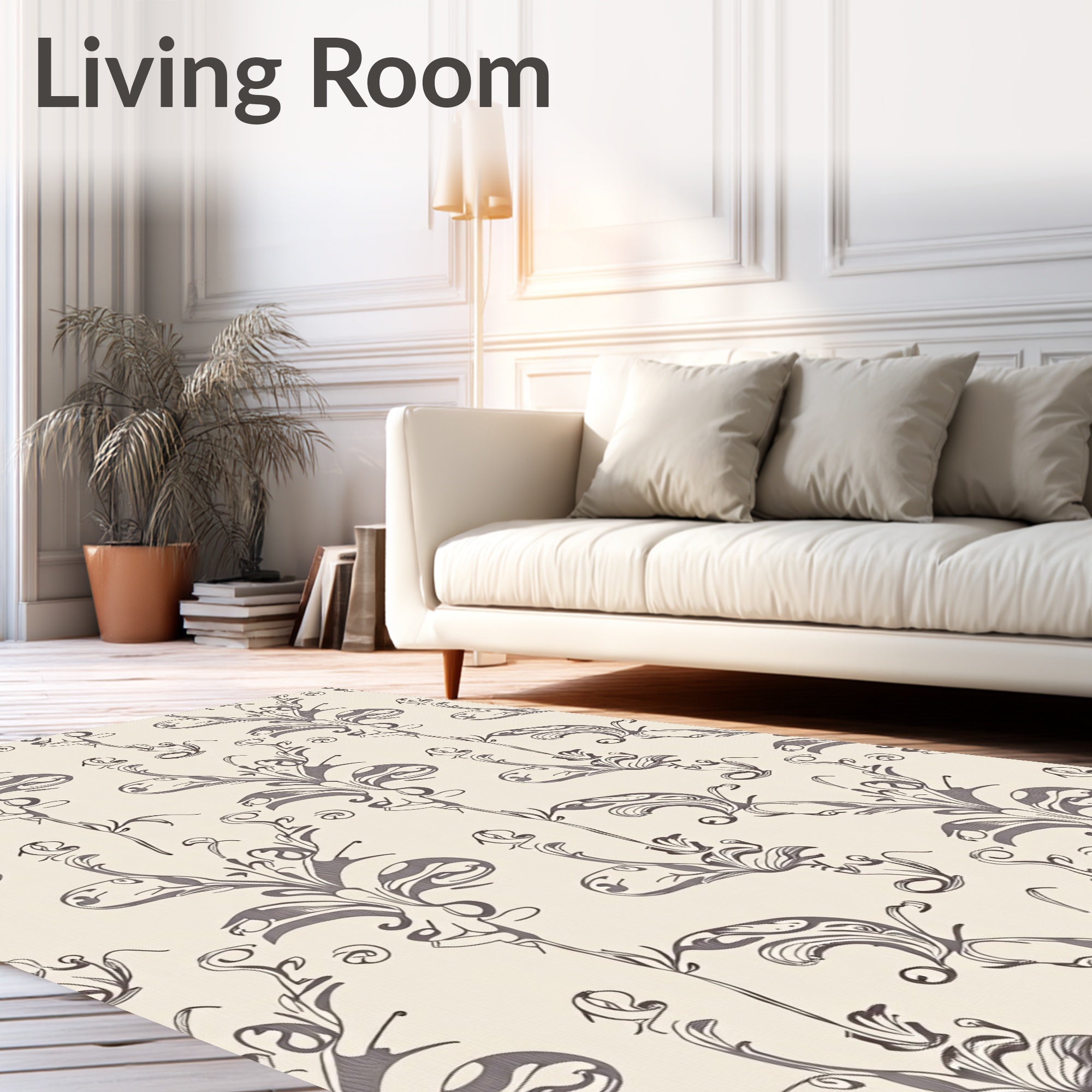 Elegant Beige Ivory Flourish Scroll Rug