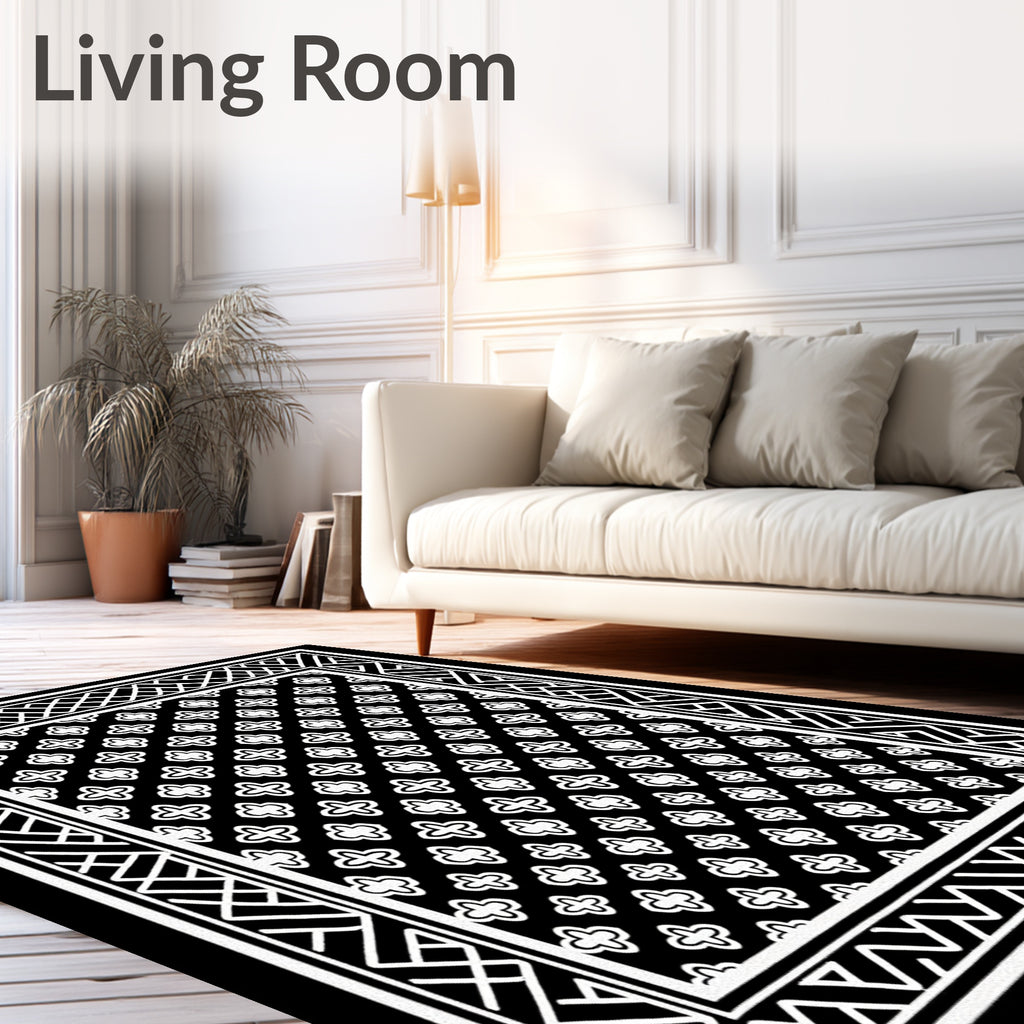 Black White Geometric Quatrefoil Border Rug