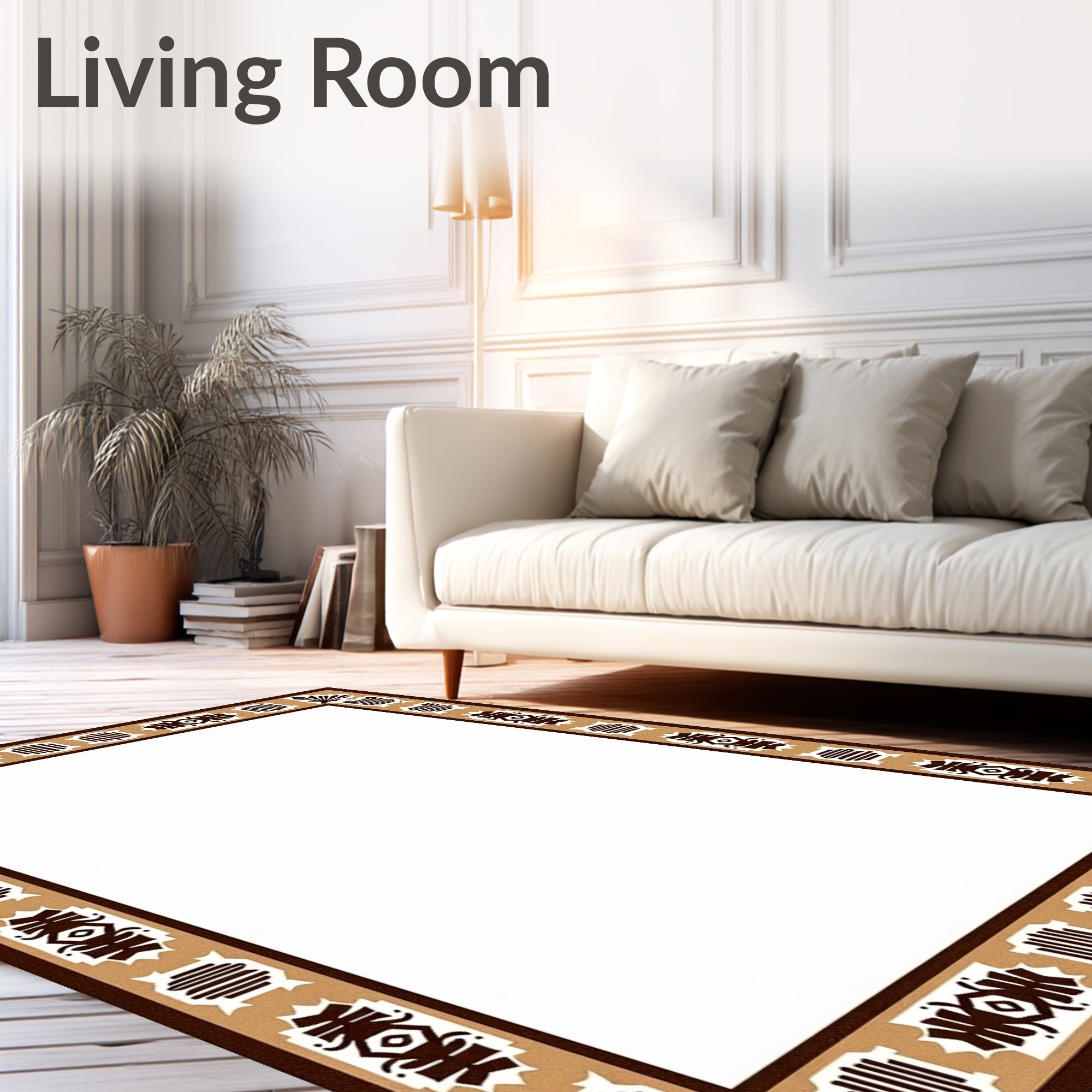 Rustic Earthy Tan Geometric Border Rug