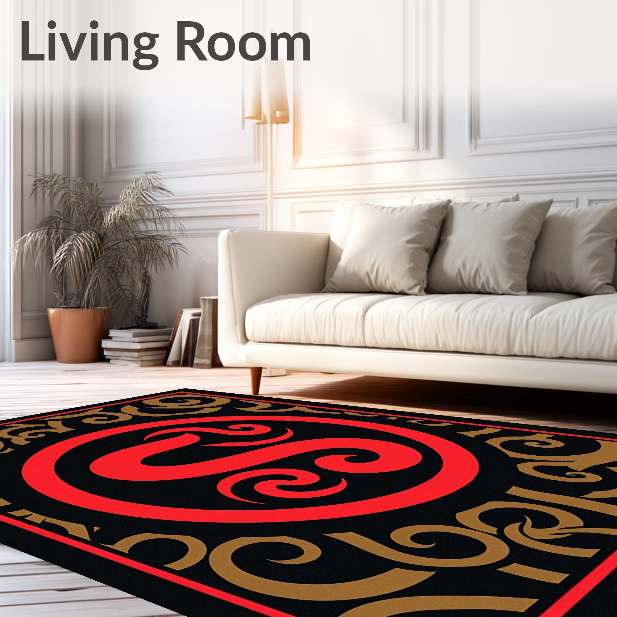 Bold Red Central Swirl Gold Border Rug