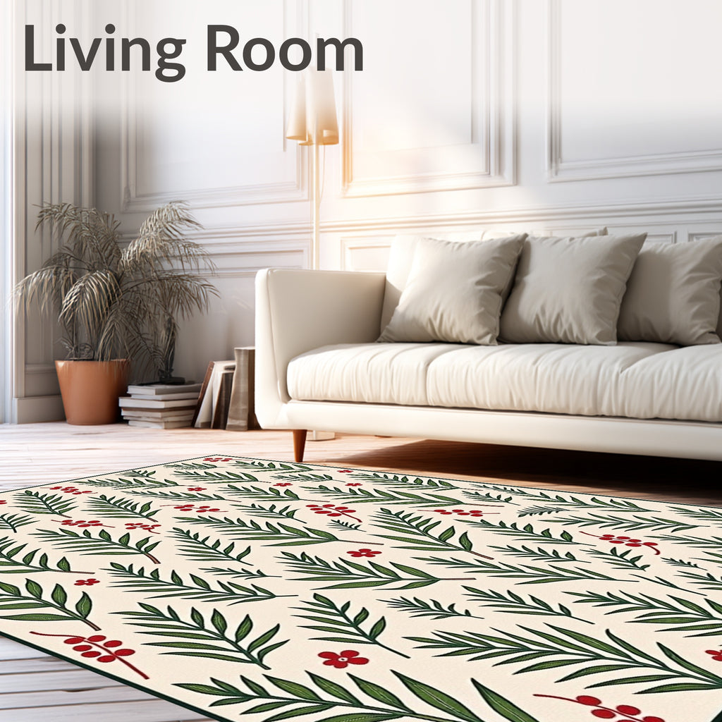 Cream Greenery Red Berry Botanical Rug