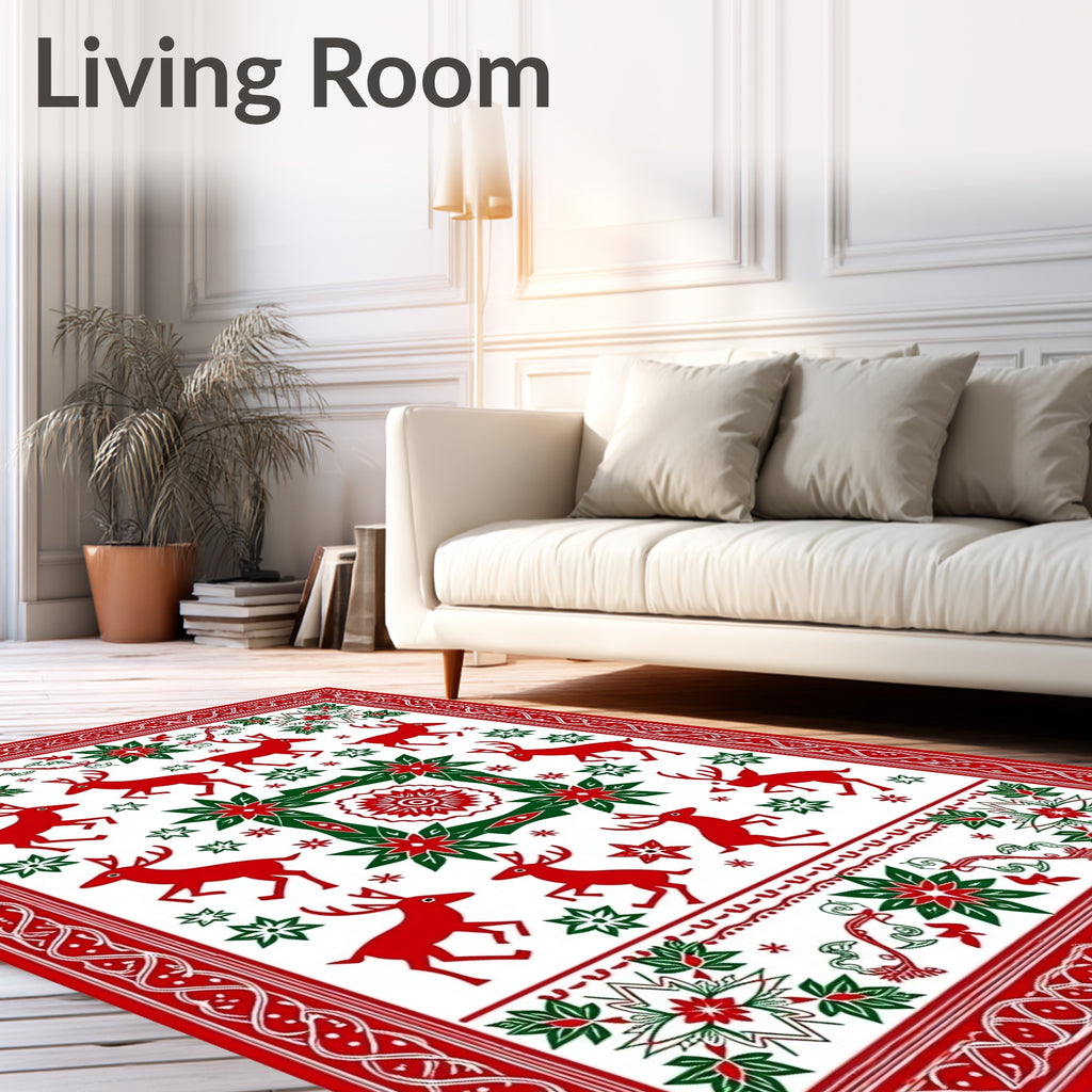 Red Green Reindeer Poinsettia Medallion Rug