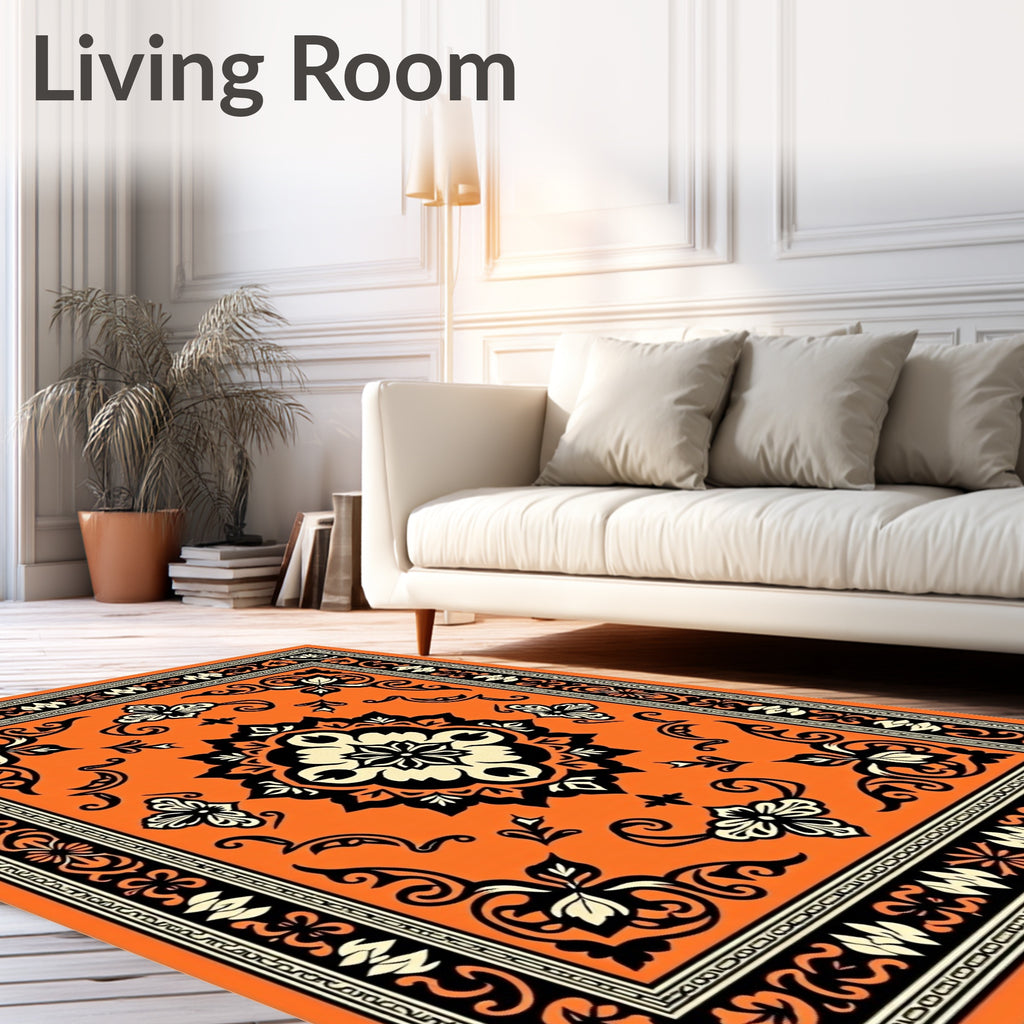 Vibrant Orange Floral Scroll Rug