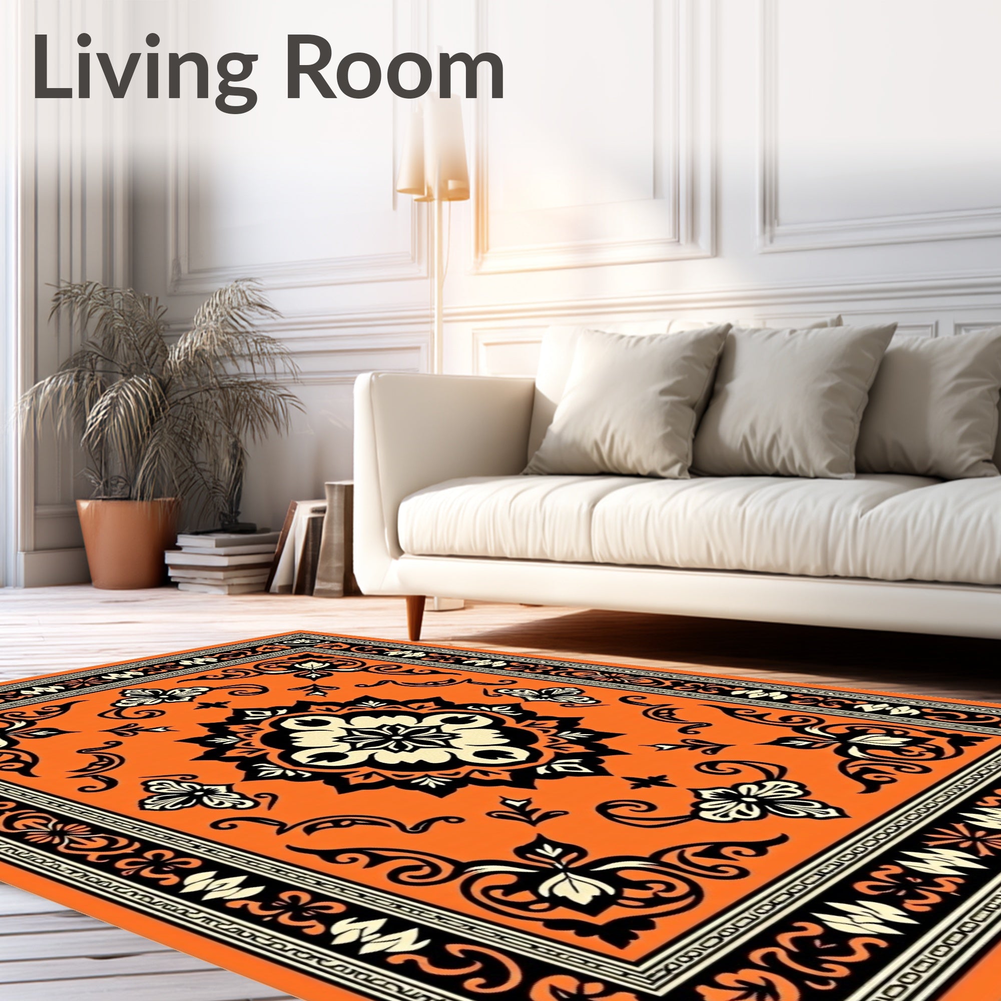 Vibrant Orange Floral Scroll Rug
