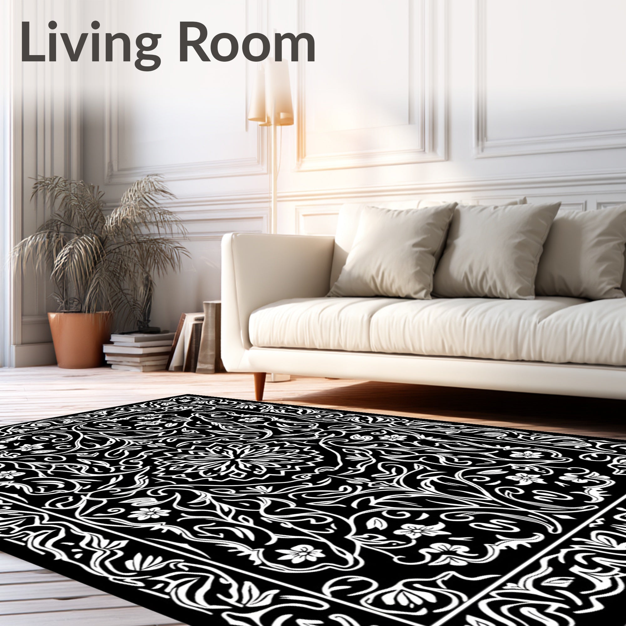 Black White Floral Medallion Art Deco Rug